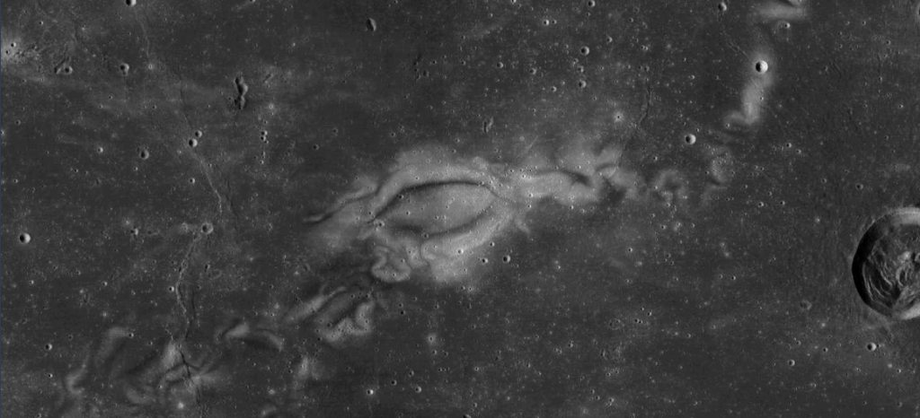 The bright Reiner Gamma lunar swirl consists of light colored material on an otherwise dark region of the Moon.